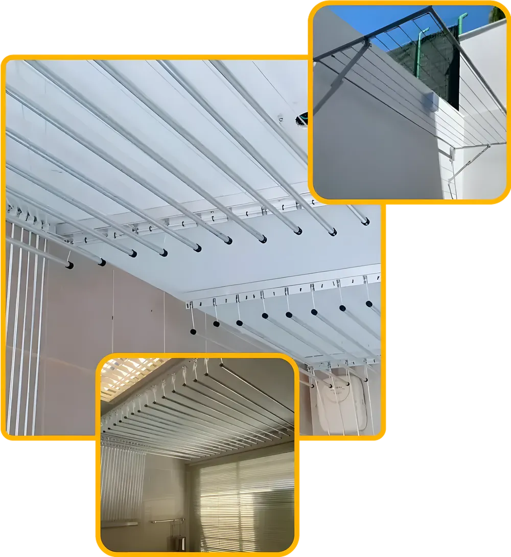 Três varais instalados pela Teklux: de teto em área de serviço, de parede em área externa e de teto em lavanderia com persianas